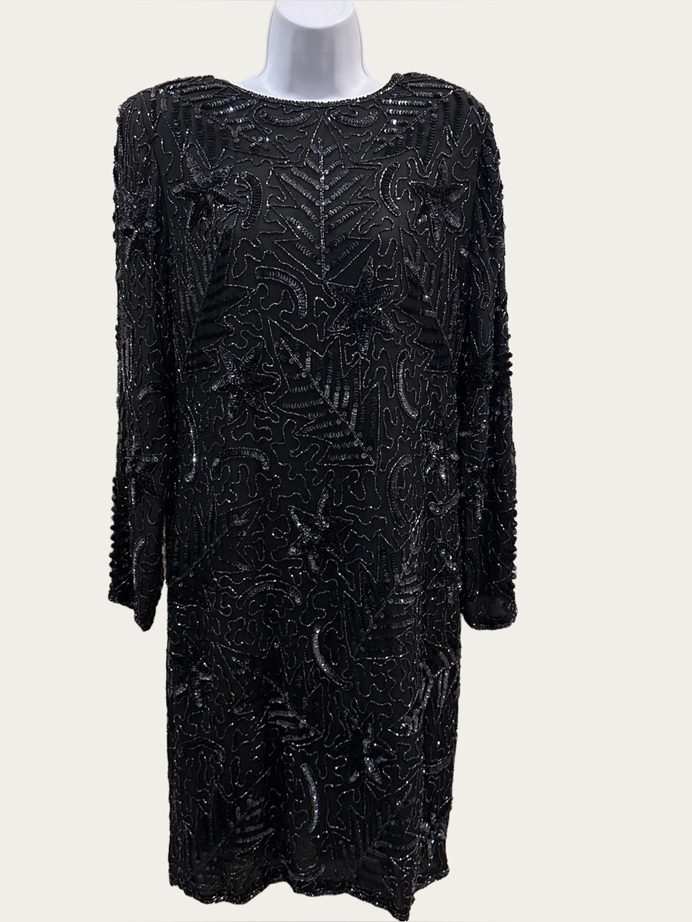 Xoanon Black Silk & Beaded Vintage Long Sleeve Evening Gown Large
